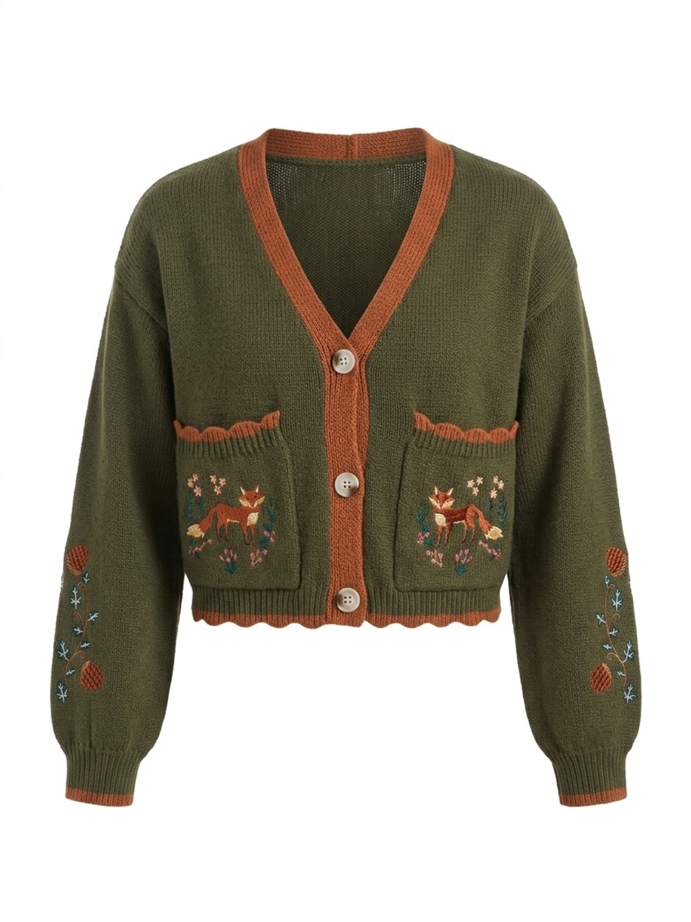 Women’s Small dark green cottagecore fox and forest embroidered cardigan
